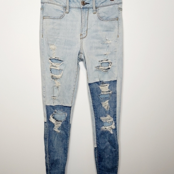 American Eagle Sz 4 Jeggings Hi Rise Patchwork Distressed Super Stretch Denim - Picture 5 of 13